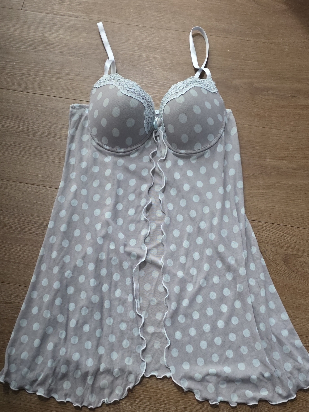 Women’s Polka Dot Lace Trim Chemise - White/Light Gray